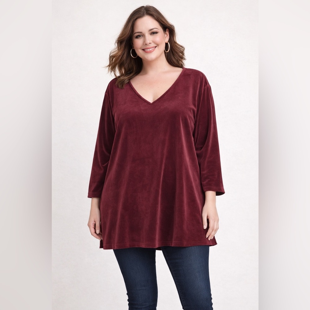 Pure Jill J Jill Burgundy Velvet Tunic Top Soft Stretch Winter Comfy Cozy Sz 2X